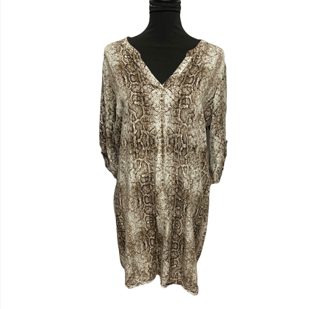 Worthington XL Tunic Top Snake Print V Neck Roll Tab Sleeve Brown